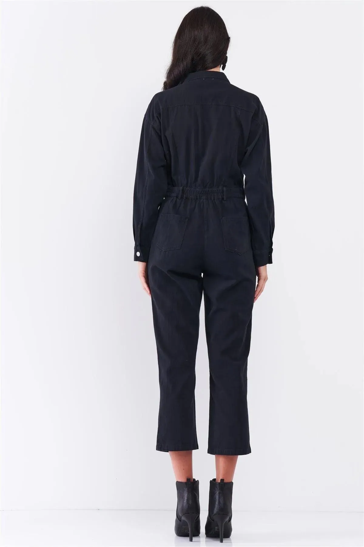 Washed Black Denim Oblique Zip-Up Front Detail Utility Jumpsuit   Black Cloth Mask! /2-2-1