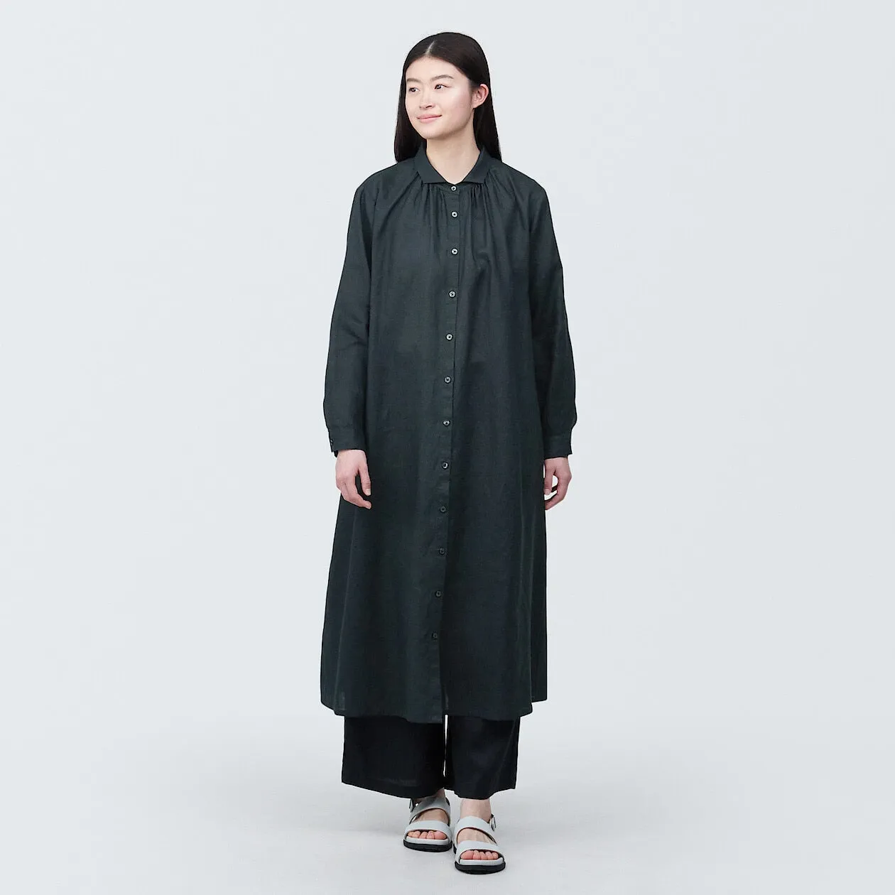 Washed Linen Long Sleeve Shirt Dress