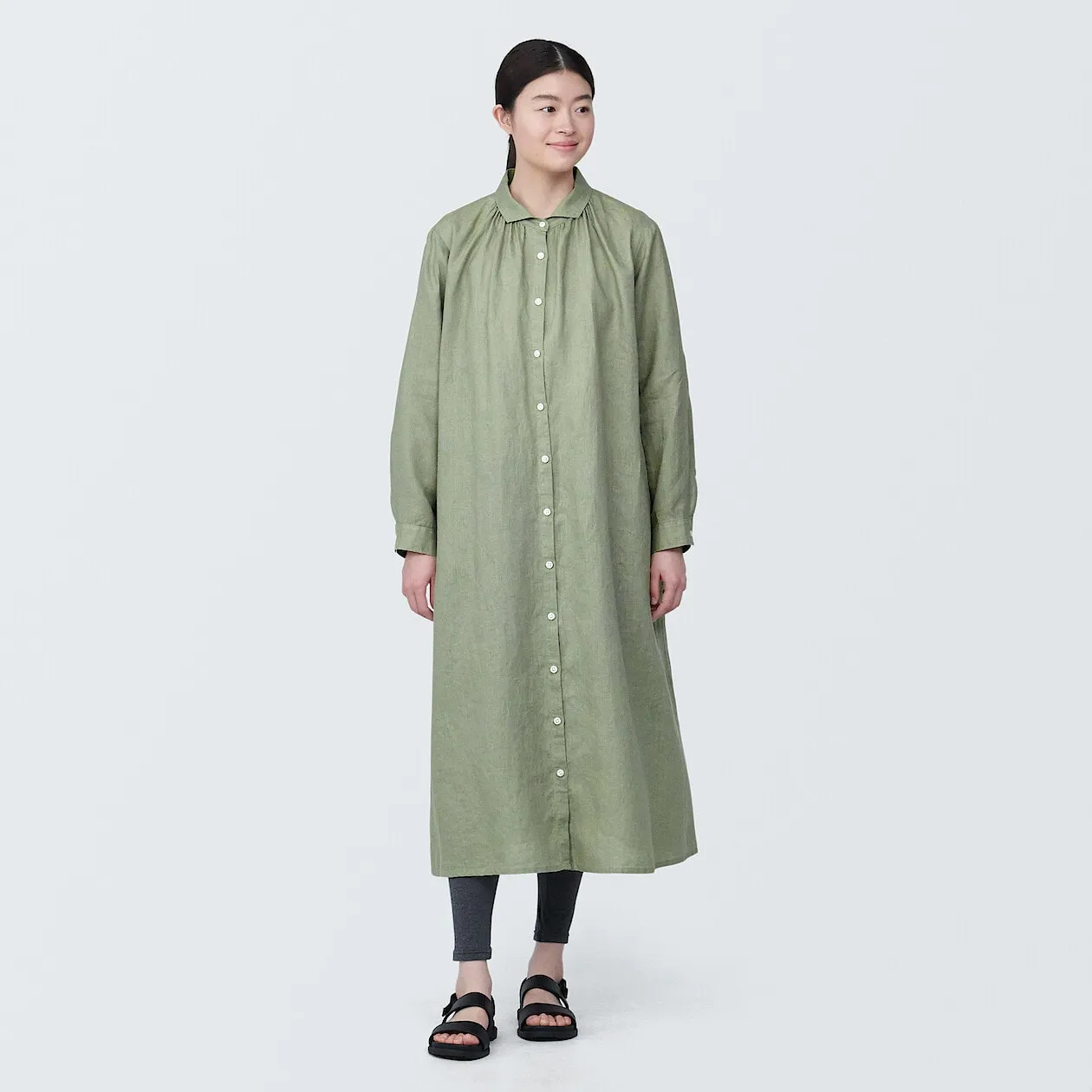 Washed Linen Long Sleeve Shirt Dress