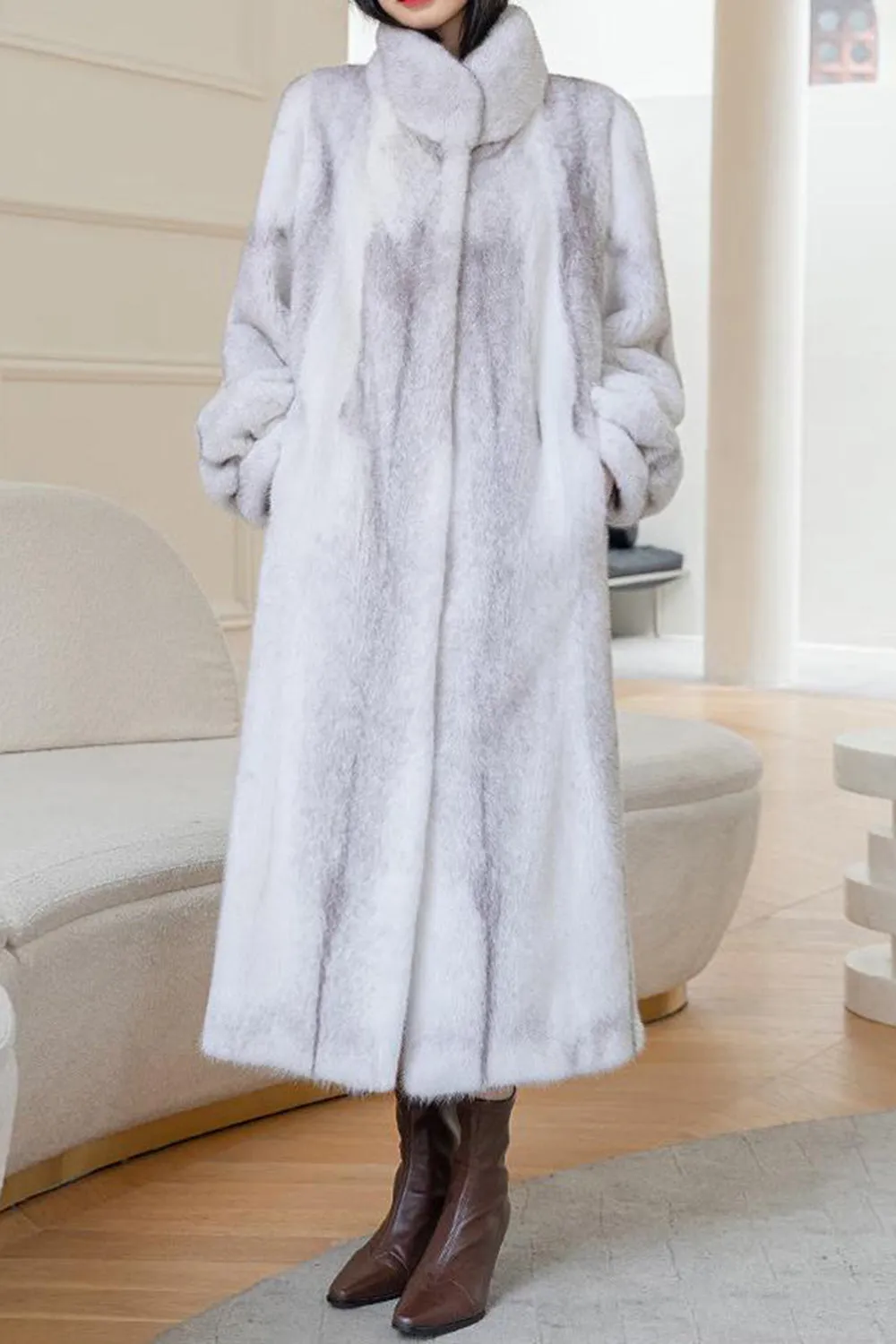 White Fluffy Faux Fur Long Sleeves Long Coat