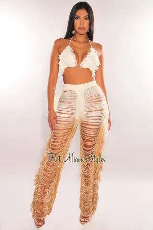 White Mocha Ombre Knit Fringe Ladder Cut Cover Up Pants