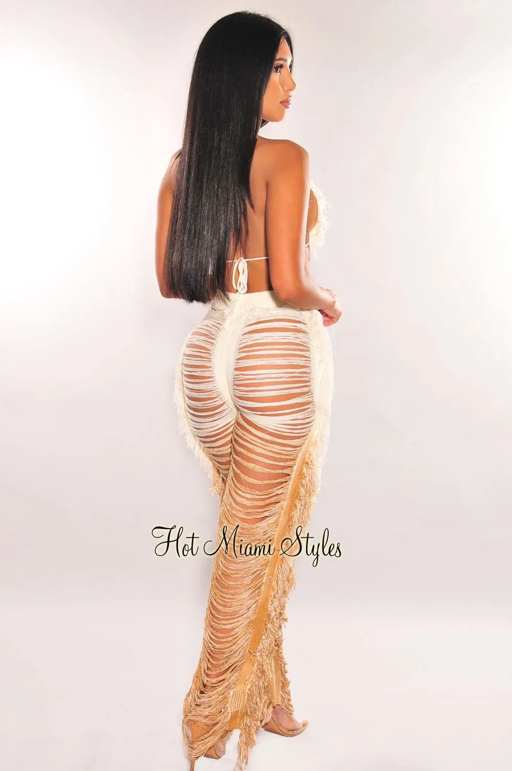 White Mocha Ombre Knit Fringe Ladder Cut Cover Up Pants