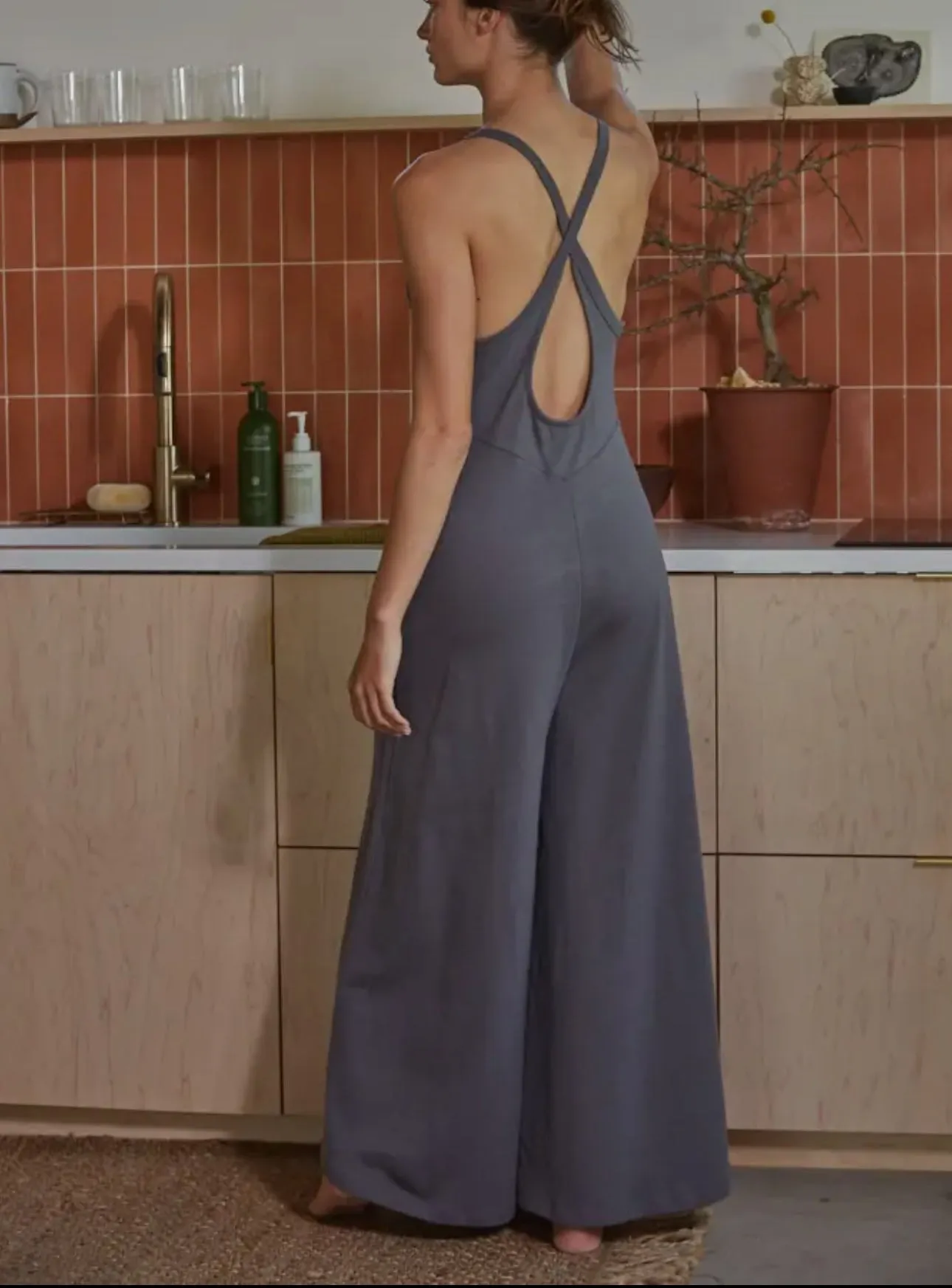 Wide Leg Jumpsuit with Cross Back- Sleeveless Knit Cotton By Together