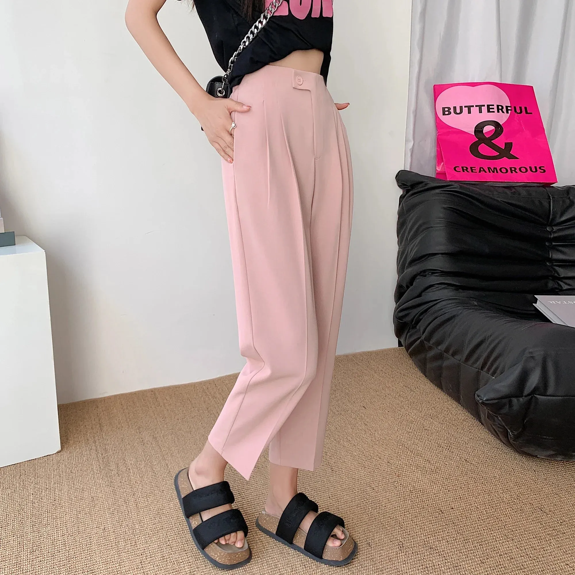 Women Cotton Linen Pants Elastic Waist Loose Straight Female Solid Color Ankle-Length Pants