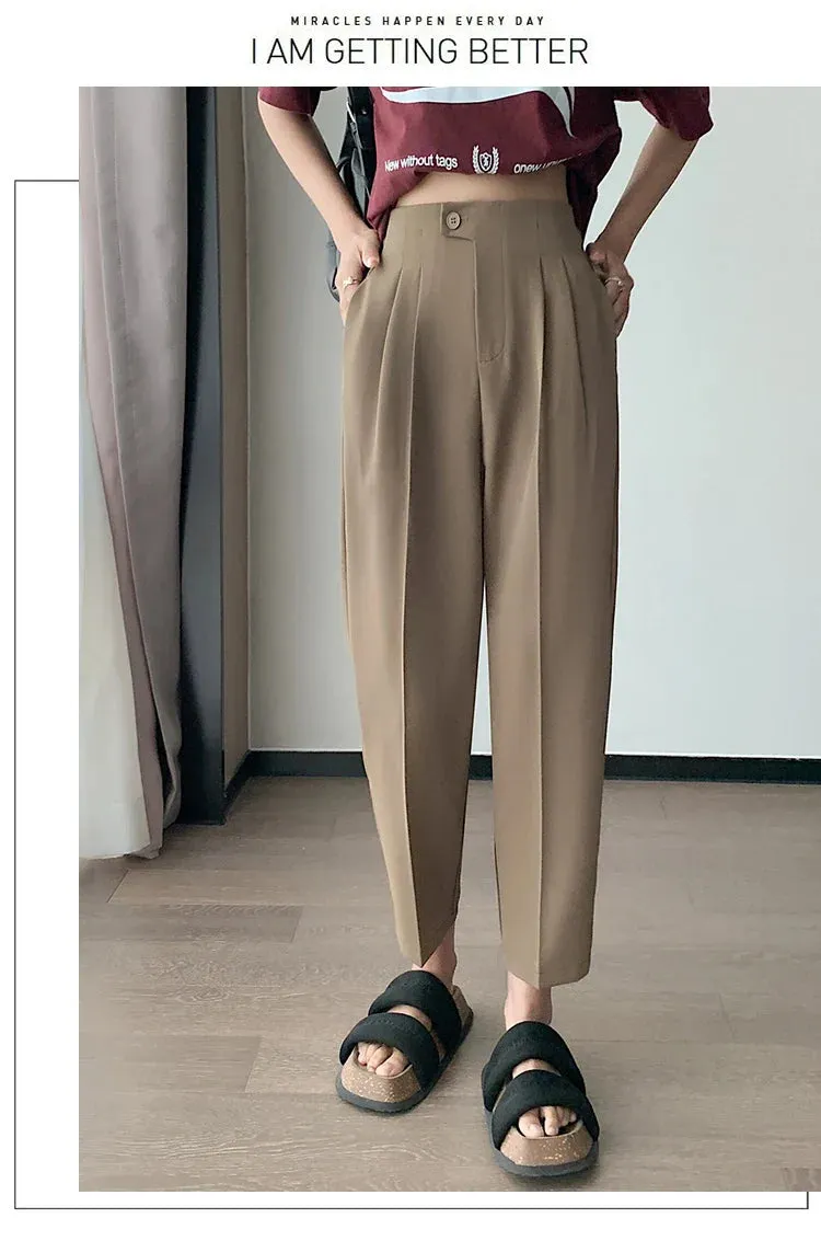 Women Cotton Linen Pants Elastic Waist Loose Straight Female Solid Color Ankle-Length Pants