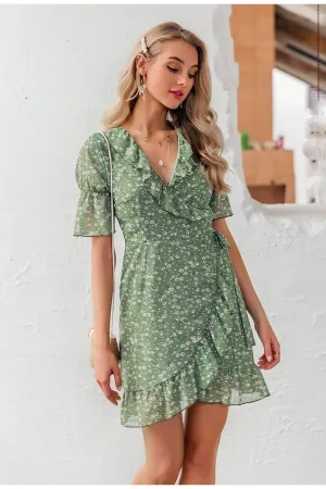 Women's Floral Print Bohemian Ruffled Asymmetric Short Sleeve Sundress Summer Beach Mini Dress