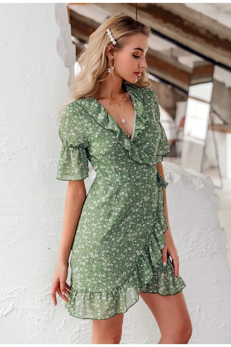 Women's Floral Print Bohemian Ruffled Asymmetric Short Sleeve Sundress Summer Beach Mini Dress