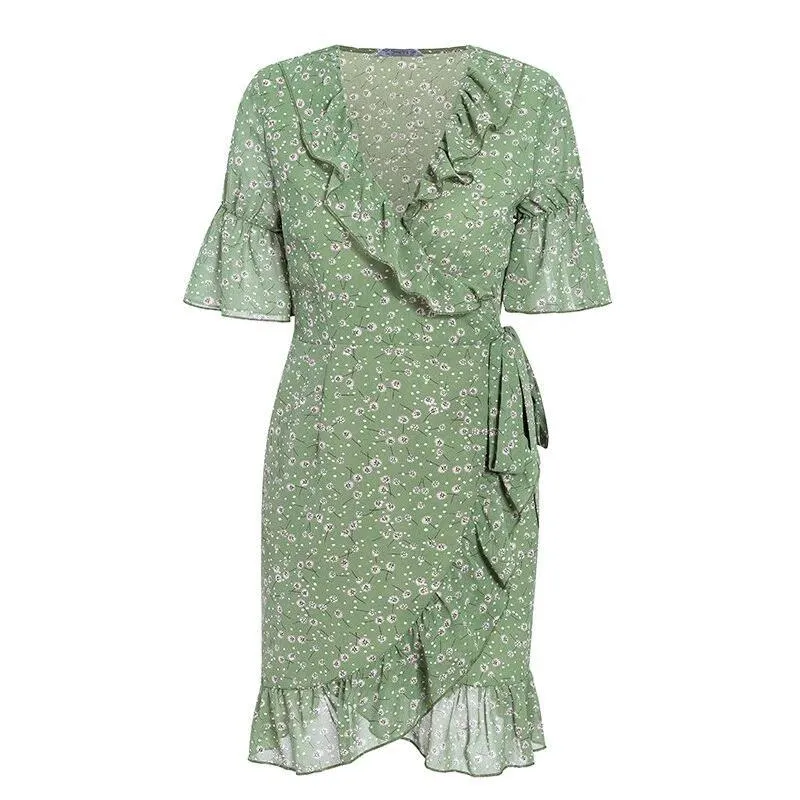 Women's Floral Print Bohemian Ruffled Asymmetric Short Sleeve Sundress Summer Beach Mini Dress