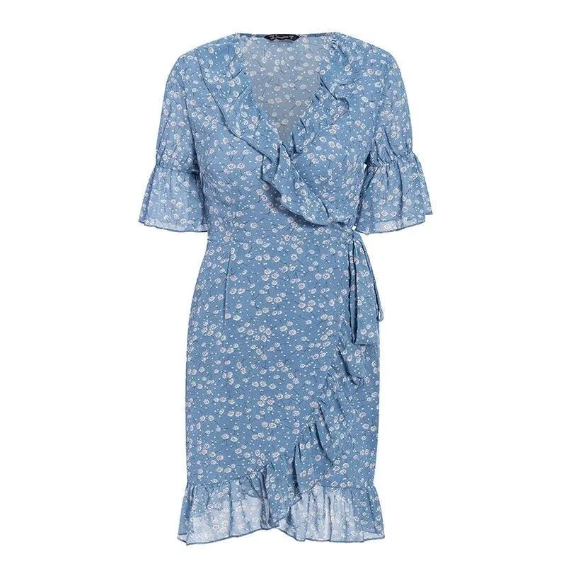 Women's Floral Print Bohemian Ruffled Asymmetric Short Sleeve Sundress Summer Beach Mini Dress