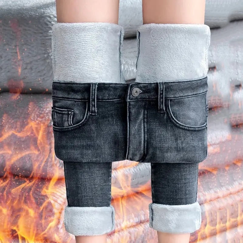 Women's Jeans Fleece Plus Velvet Skinny Pencil Pants Women Slim Denim Jeans - WJN0025